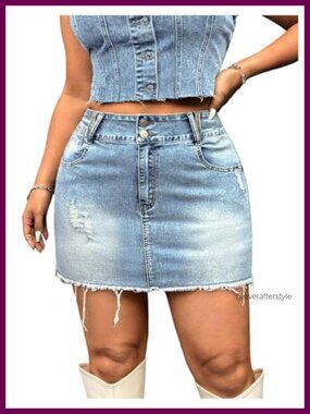 Plus Size Distressed Denim Mini Jean Skirt High Rise Frayed Y2K